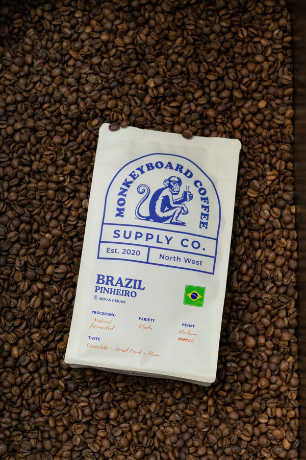 250g bag of single origin Brazil coffee, chocolate, dried fruit and plum